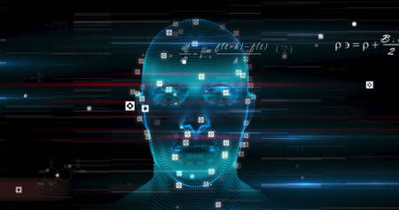 Image of digital head and mathematical equations on black background. global technology and digital interface concept digitally generated image.の写真素材