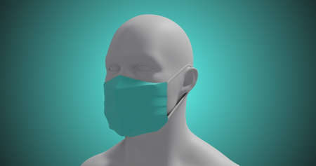 Image of a 3D human body model wearing a face mask on blue background. Medicine public health pandemic coronavirus Covid 19 outbreak concept digitally generated image.の写真素材