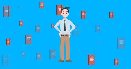 Image of man talking over notebook icons. national mentoring month and celebration concept digitally...