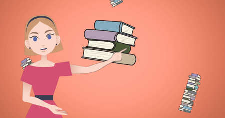 Image of woman talking over book icons. national mentoring month and celebration concept digitally generated image.の写真素材