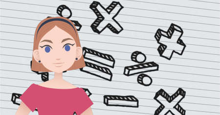 Image of woman talking over mathematical symbols. national mentoring month and celebration concept...
