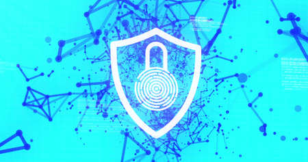 Image of digital shield with padlock over blue background with connections. global network, internet...