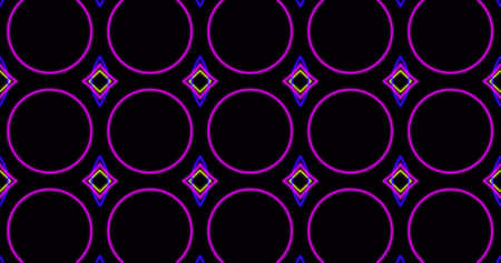 Image of kaleidoscope neon pattern moving in hypnotic motion on seamless loop. light, pattern and...