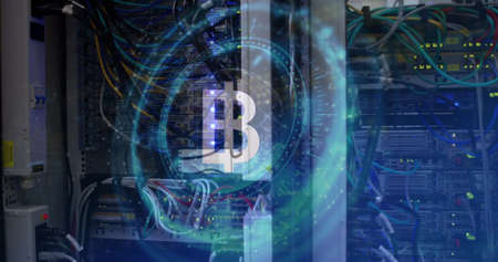 Image of bitcoin symbol on rotating safe lock over data processing and computer server. global finance, cryptocurrency and business security concept digitally generated image.の写真素材