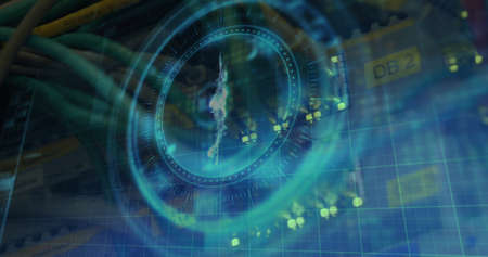 Image of bitcoin symbol on rotating safe lock over data processing and computer server. global...