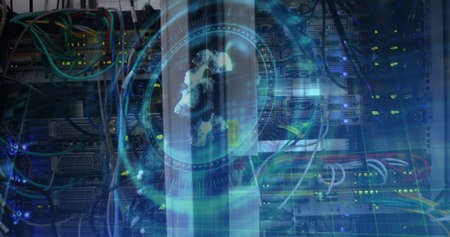 Image of euro symbol on rotating safe lock over computer servers. global finance and business...