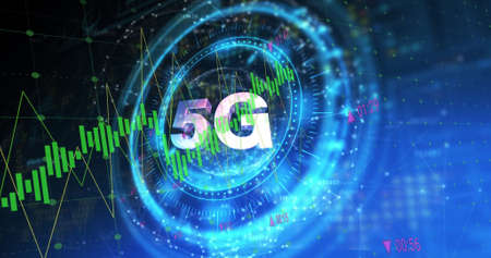Image of 5g symbol on rotating safe lock and graphs over processing data. global business communication and data security concept digitally generated image.の写真素材