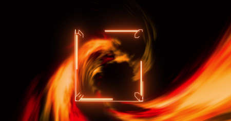 Image of orange smoke over neon square on black background. shadow, pattern and colour concept digitally generated image.の写真素材