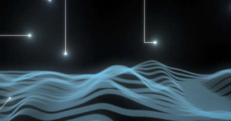 Image of lights drawing shapes over blue waves on black background. shadow, pattern and colour...