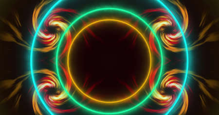 Image of spiral flames and neon circles over black background. shadow, pattern and colour concept...