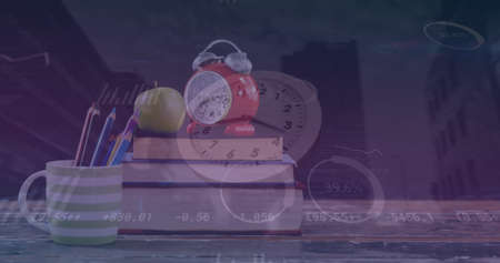 Image of data processing over clock and books. global business and digital interface concept digitally generated image.の写真素材