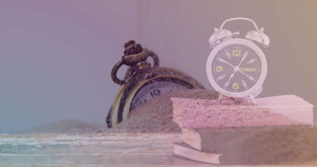 Image of clock over sand and timer. global business and digital interface concept digitally...