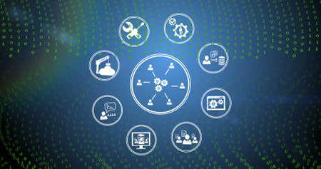 Image of icons over navy background with green letters. data processing and technology concept digitally generated image.の写真素材