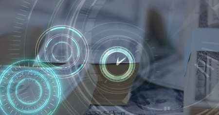 Image of clock over banknotes. global business, finances, connections and digital interface concept...