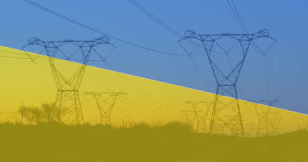 Image of electricity poles over flag of ukraine. ukraine crisis, energy crisis and international politics concept digitally generated image.の写真素材