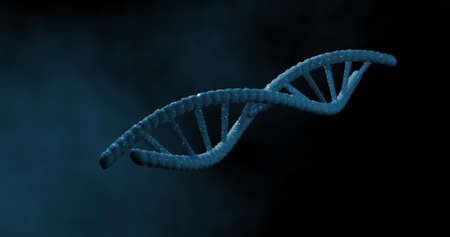 Image of macro of blue 3d dna strand spinning. science and research concept digitally generated...