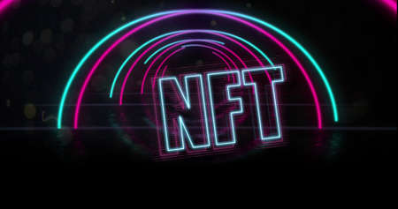 Image of nft over tunnel made of neon circles on black background. digital resources and technology concept digitally generated image.の写真素材
