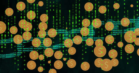 Image of dollar symbols over black background with green letters. economy, finance, digital currency...