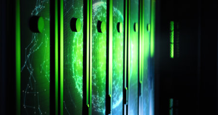 Image of moving shapes over server room. global technology and digital interface concept digitally...