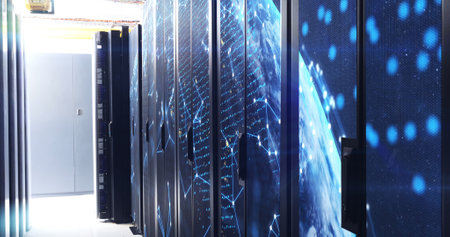 Image of moving shapes over server room. global technology and digital interface concept digitally...
