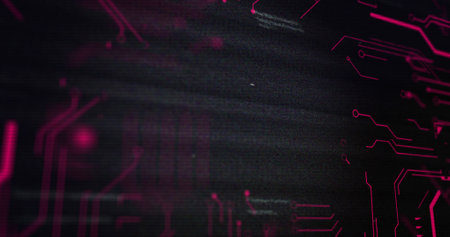 Image of data processing and red integrated circuit on black background. data processing, computers...