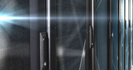 Image of moving shapes over server room. global technology and digital interface concept digitally...