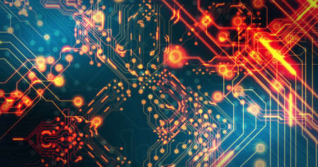 Image of technology circuit over black background. global technology and digital interface concept digitally generated image.の写真素材