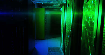 Image of moving shapes over server room. global technology and digital interface concept digitally...