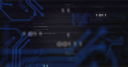 Image of data processing and blue integrated circuit on black background. data processing, computers...
