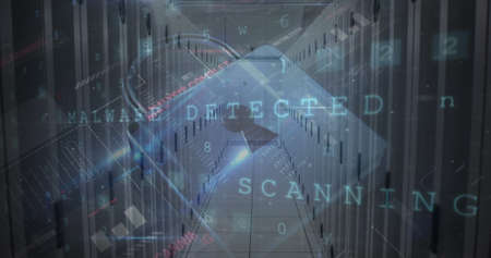 Image of digital data processing and security padlock over server room. global communication and...