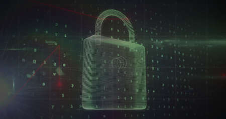 Image of security padlock and data processing over navy background. global communication and data security concept digitally generated image.の写真素材