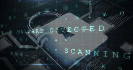 Image of security padlock over data processing on dark background. global communication and data security concept digitally generated image.の写真素材