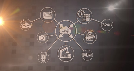 Image of light spots and business icons on gray background. global business and digital interface concept digitally generated image.の写真素材