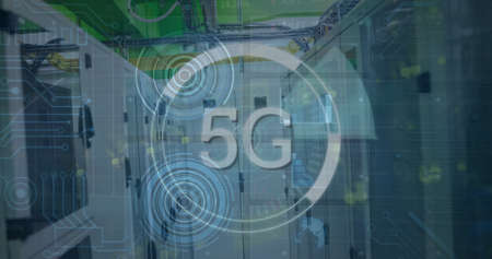 Image of data processing and scope scanning with 5g text over server room. Global technology,...