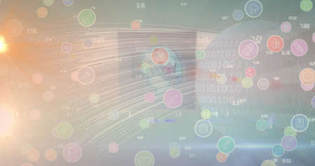 Image of business icons over light spots and globe. global business and digital interface concept...