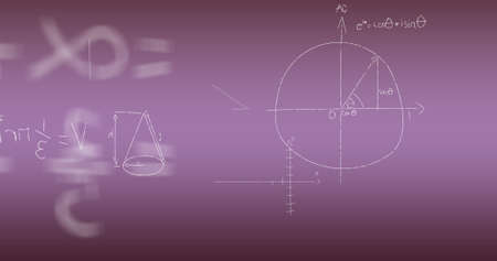 Image of mathematical equations on pink background. global science and digital interface concept...