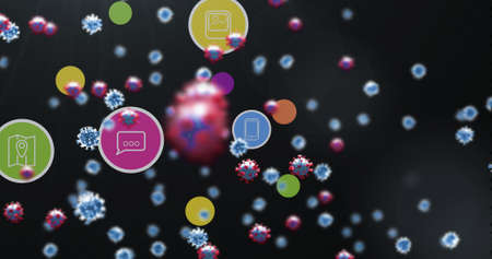 Image of virus cells over media icons. global science and digital interface during covid 19 pandemic...