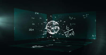 Image of globe and scientific formulae over screens. global science, computing and data processing concept digitally generated image.の写真素材