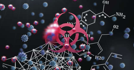 Image of virus cells over biohazard symbol. global science and digital interface during covid 19...