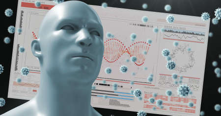 Image of virus cells over dna strand and human head. global science and digital interface during...