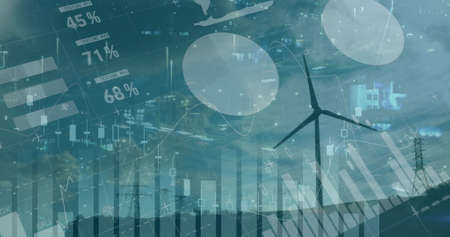 Image of data financial processing over windmill. global connection, digital interface, ecology,...