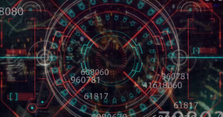 Image of data processing over cityscape. global business, finances and digital interface concept digitally generated image.の写真素材