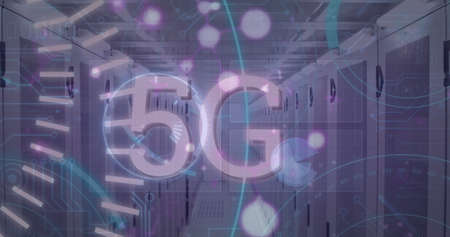 Image of data processing and scope scanning with 5g text over server room. Global technology,...