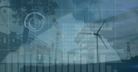 Image of data processing and icons over windmill. global connection, digital interface, ecology, energy concept digitally generated image.の写真素材