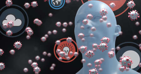 Image of virus cells over human head and media icons. global science and digital interface during covid 19 pandemic concept digitally generated image.の写真素材