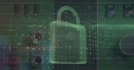 Image of security padlock and data processing over black background. global communication and data...