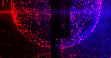 Image of moving shapes over server room. global technology and digital interface concept digitally...