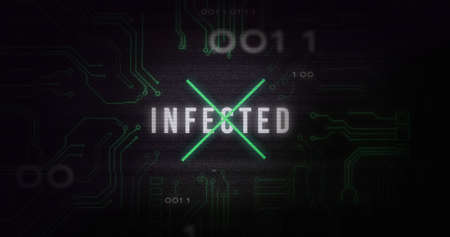 Image of interference over infected text, data processing and computer circuit board. global technology, computing and digital interface concept digitally generated image.の写真素材