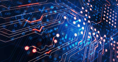 Image of light trails moving over computer circuit board. global computing and data processing...