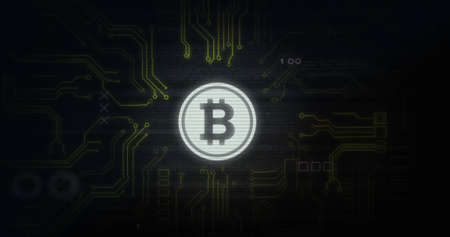 Image of interference over bitcoin symbol, data processing and computer circuit board. global technology, computing and digital interface concept digitally generated image.の写真素材